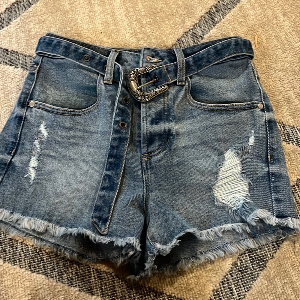 Guess High-Waist Distressed Denim Shorts - Blue